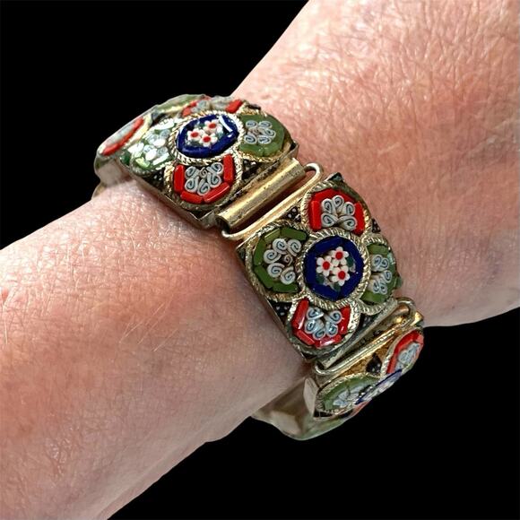 Vintage Italian Micro Mosaic Bracelet Floral Millefiori Glass Link Panel Jewelry - Picture 4 of 16